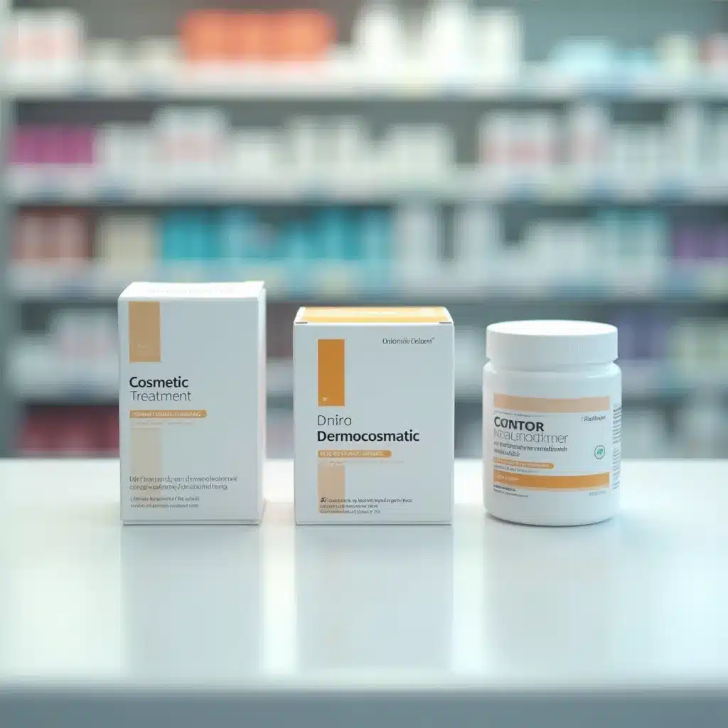 Tre confezioni anonime su un banco di farmacia, una cosmetica e una simile a un farmaco
